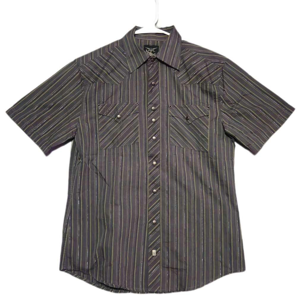 Dragonfly Button Down Shirt Men Small Grey Green Striped Western Pearl Snap Dada